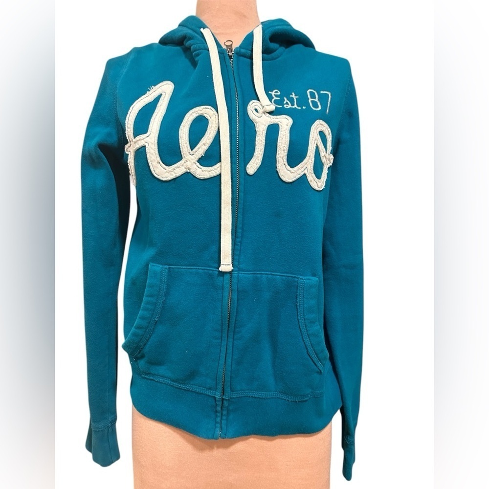 Aeropostale Teal Zip Hoodie Fleece Logo Y2K Preppy Slim Fit Women’s L Fits Small